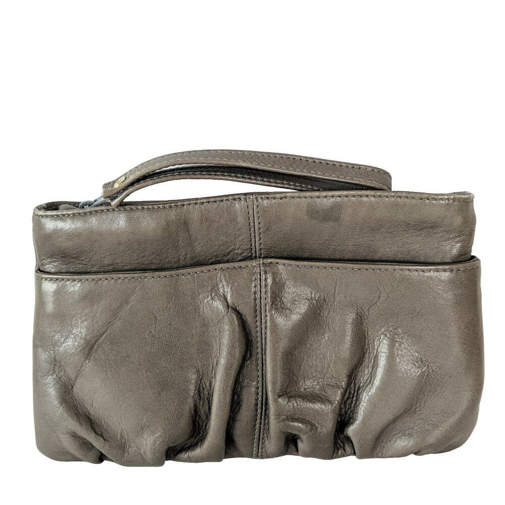 LEVI'S Strauss Co Gray Leather Clutch Bag Wristlet 1970s Vintage Front Pockets